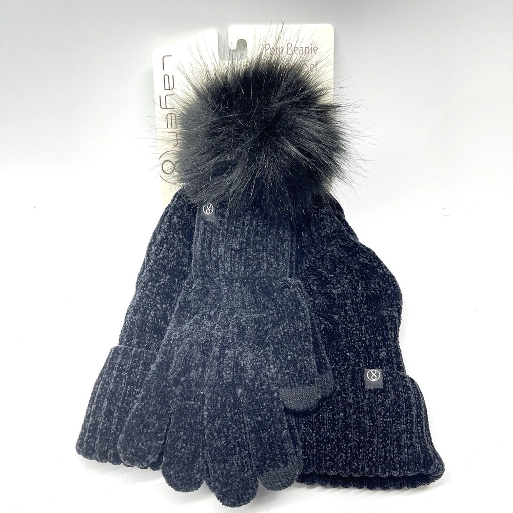 Layer 8 Chenille Knit Pom Warm‎ Winter Lined Outdoors Beanie Hat and Glove Set
